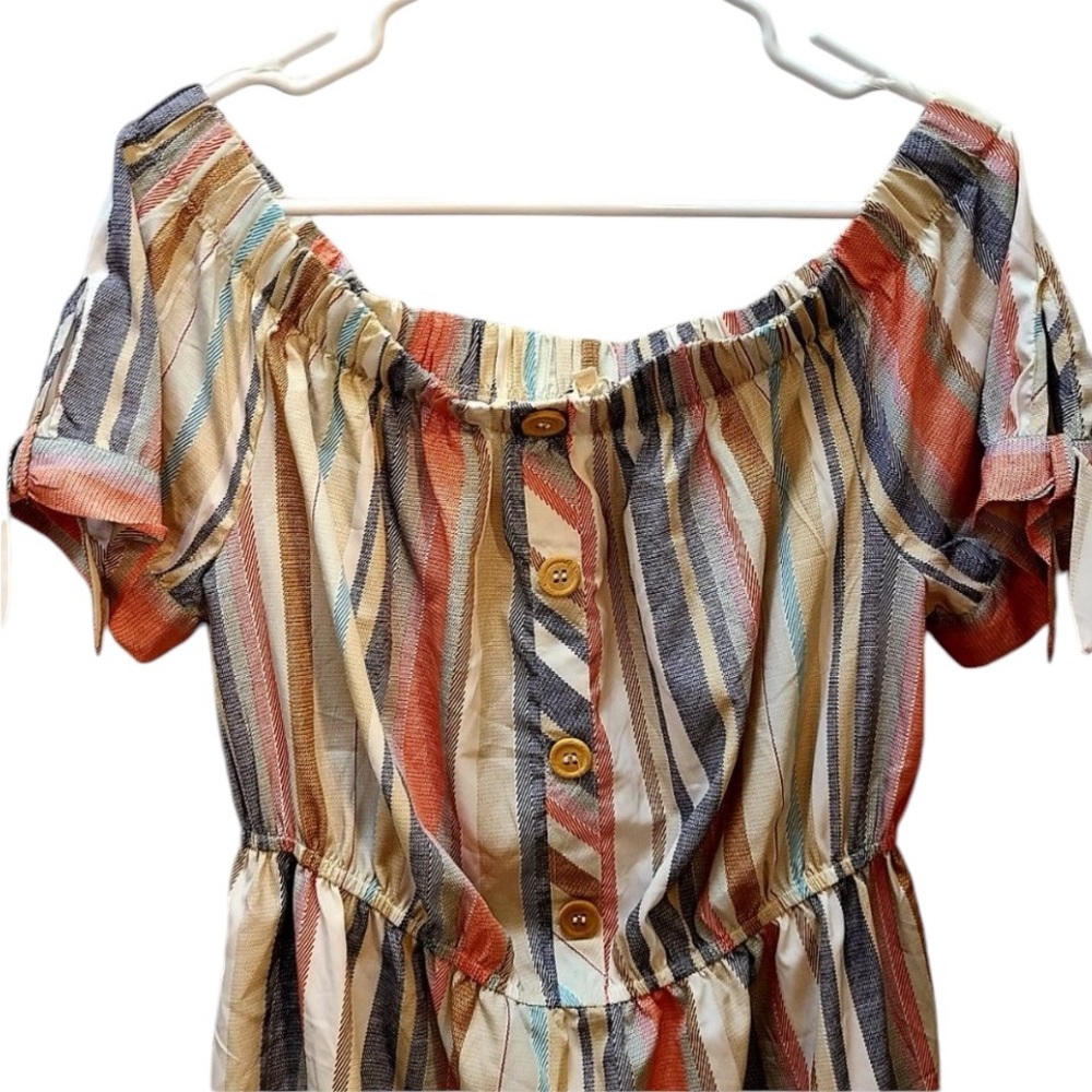 Blush size XL coral & blue striped linen look  dress slightly off shoulder